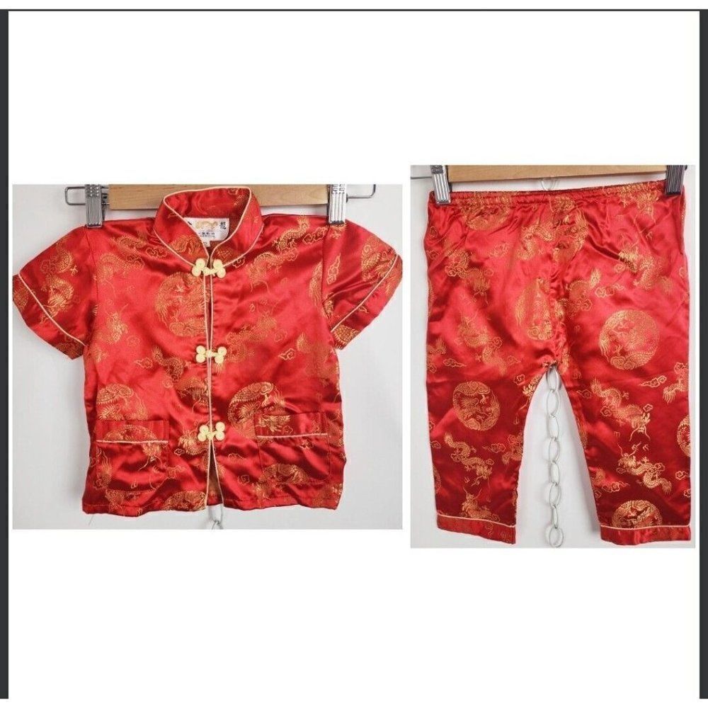 NEW Golden Dragon Red Chinese Asian Mandarin Satin Pajamas Pjs Toddler Size 2T